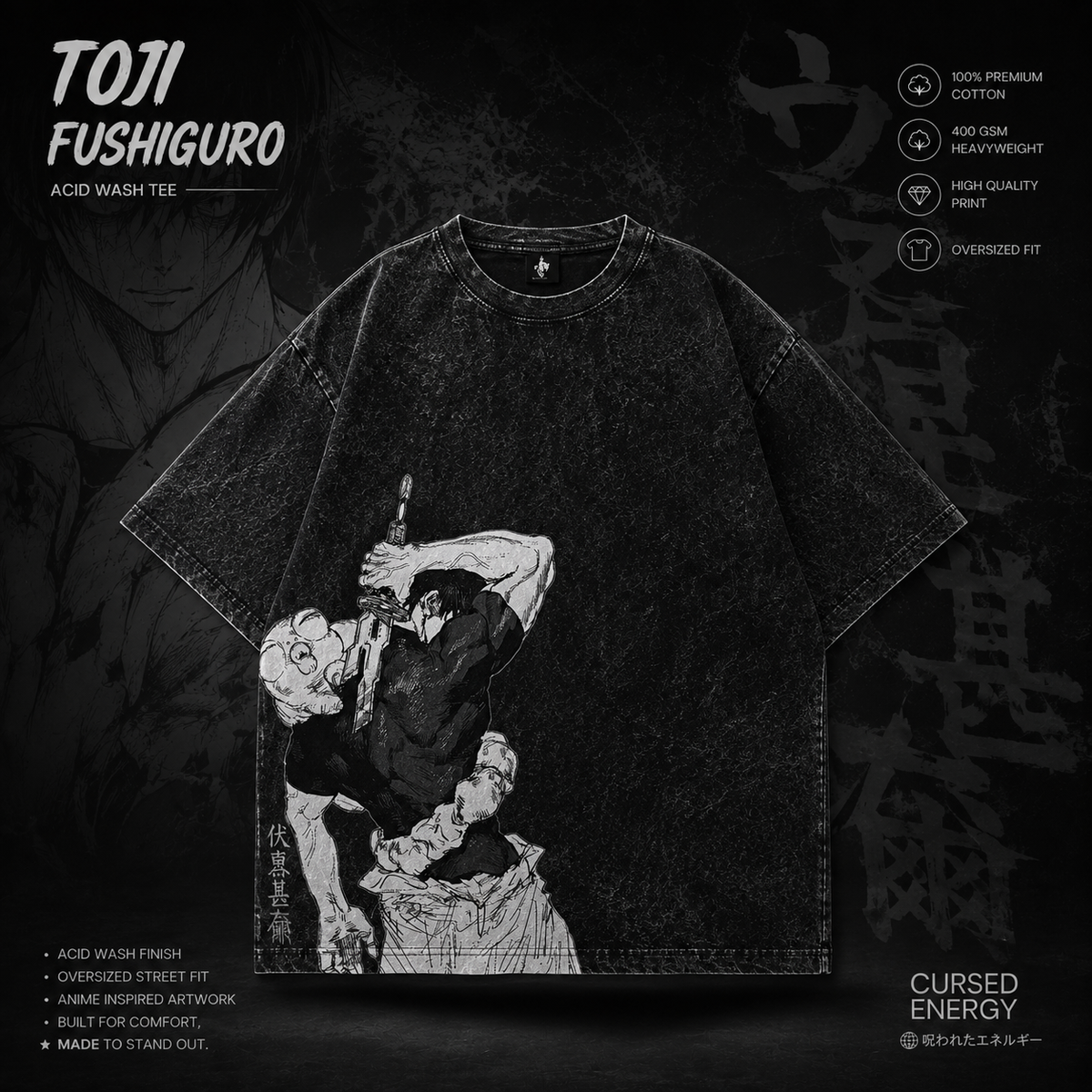 GenesisX Toji Fushiguro Acid Wash Oversized T-Shirt – Black