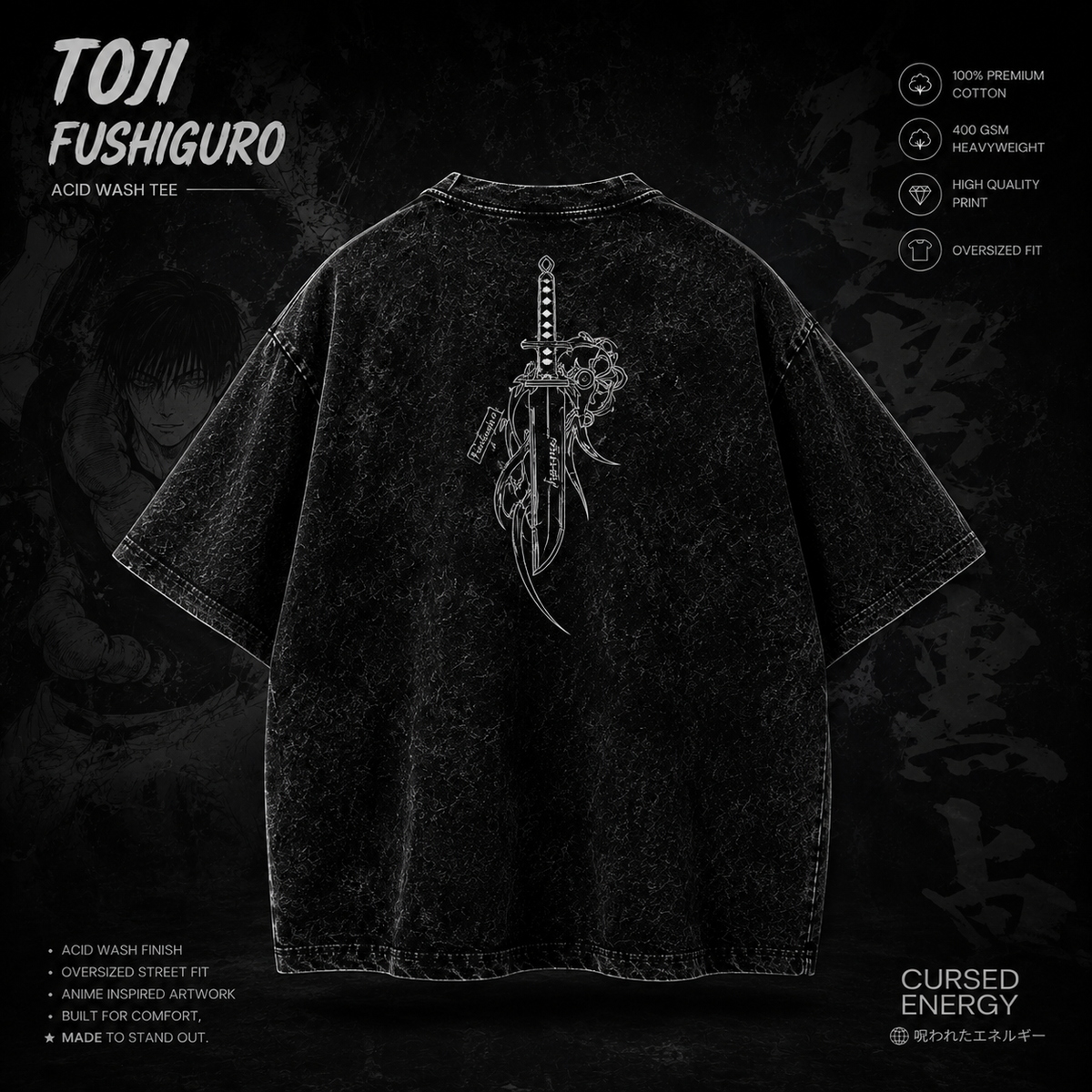 GenesisX Toji Fushiguro Acid Wash Oversized T-Shirt – Black