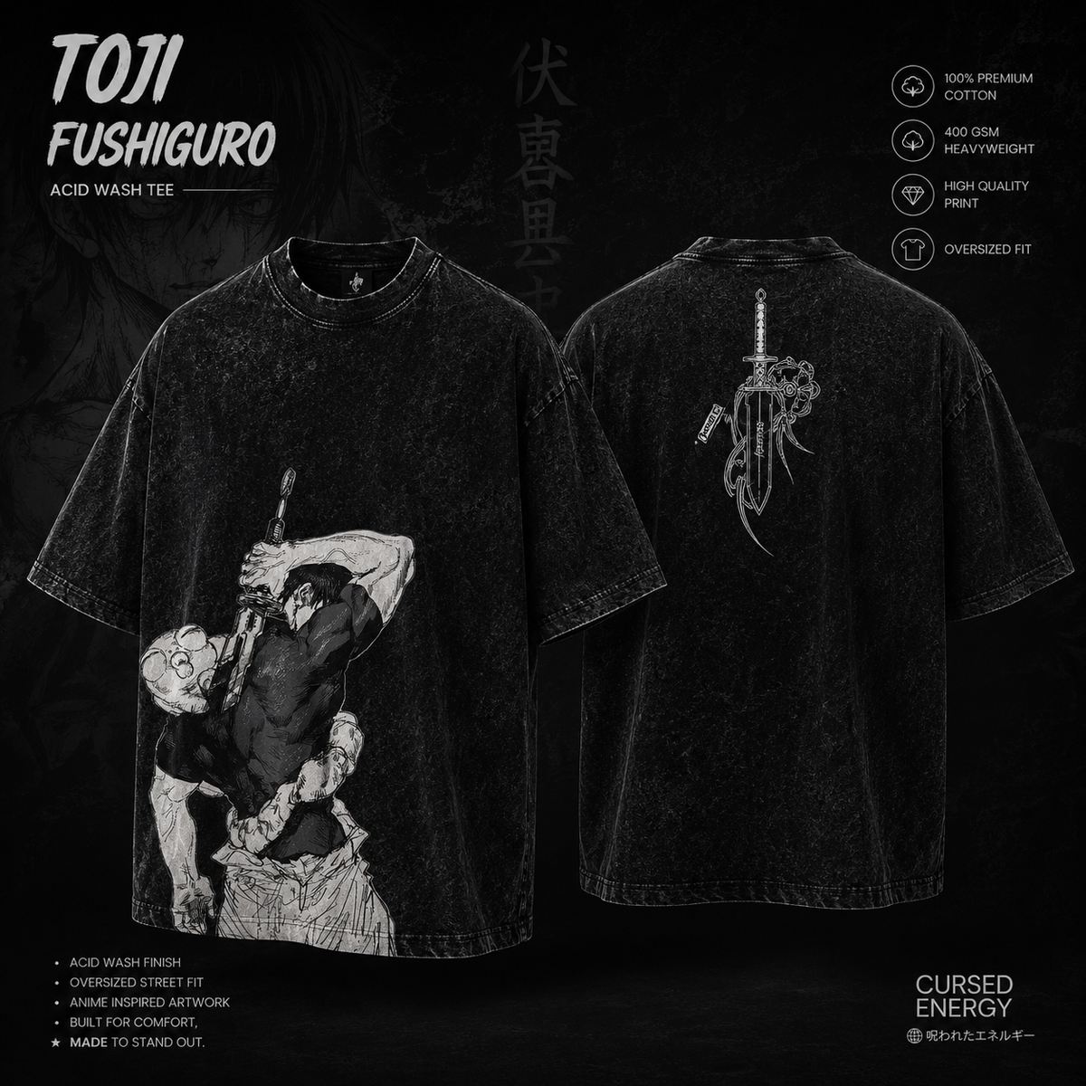 GenesisX Toji Fushiguro Acid Wash Oversized T-Shirt – Black